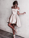 A-Line Off-the-Shoulder High Low Champagne Satin Homecoming Dress
