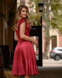 Silk Beading Satin Prom Dress Cap Sleeves Pleats Evening Gowns