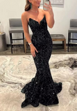 Strapless V-Neck Mermaid Evening Dress Sexy High Slit Long Sequined Prom Dress