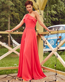 A-Line One Shoulder Spaghetti Straps Ruffles Long Evening Dress