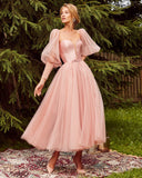 A-Line Sweetheart Puffy Sleeves Backless Evening Dress