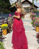 Sweetheart Off The Shoulder Tiered Tulle Prom Dress Long Evening Dress