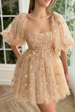 Sweetheart Tulle Mini Homecoming Dress Short Puffy Sleeves Prom Dress