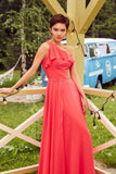 A-Line One Shoulder Spaghetti Straps Ruffles Long Evening Dress