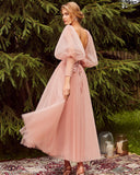 A-Line Sweetheart Puffy Sleeves Backless Evening Dress