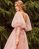 A-Line Sweetheart Puffy Sleeves Backless Evening Dress