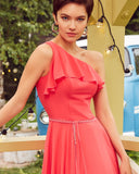 A-Line One Shoulder Spaghetti Straps Ruffles Long Evening Dress