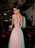 Elegant Contrast Color A-Line V-Neck Long Glitter Evening Dress