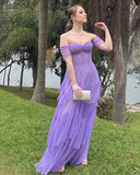 Sweetheart Off The Shoulder Tiered Tulle Prom Dress Long Evening Dress