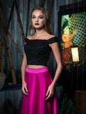 Two Piece A-Line Lace Appliques Off The Shoulder Satin Evening Dress