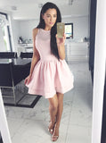 A-Line Scoop Neckline Short Pink Tiered Satin Homecoming Dress