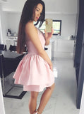 A-Line Scoop Neckline Short Pink Tiered Satin Homecoming Dress