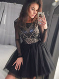 A-Line Scoop Neck Short Black Homecoming Dress with Appliques