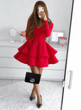 A-Line Sweetheart Long Sleeves Red Tiered Homecoming Dress