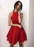 A-Line O-Neck Red Satin Homecoming Dress with Pleats
