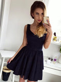 A-Line V-Neck Above-Knee Black Tiered Satin Homecoming Dress