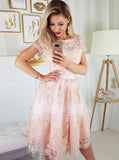 A-Line Scoop Neck Short Sleeves Pink Lace Homecoming Dress