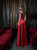 Two Piece A-Line Lace Appliques Off The Shoulder Satin Evening Dress