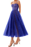 A-Line Tea Length Glitter Homecoming Dress Spaghetti Straps Prom Dress