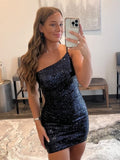 One-Shoulder Sequined Short Homecoming Dress Backless Mermaid Prom Dress
