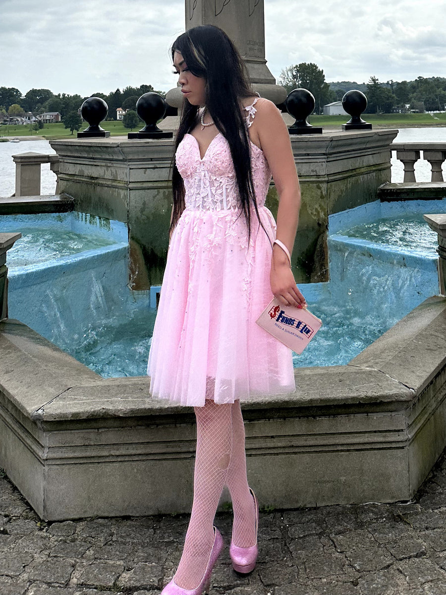Lace Appliques Short Homecoming Dress Sweetheart Mini Prom Dress   Agustaprom