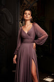 A-Line Sweetheart Long Puffy Sleeves High Slit Evening Dress