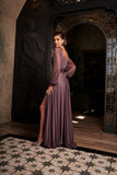 A-Line Sweetheart Long Puffy Sleeves High Slit Evening Dress