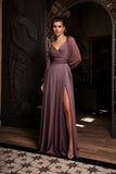 A-Line Sweetheart Long Puffy Sleeves High Slit Evening Dress