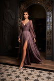 A-Line Sweetheart Long Puffy Sleeves High Slit Evening Dress