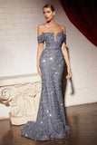 V-Neck Off The Shoulder Long Evening Gowns Sequined Mermaid Prom Dress
