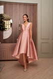 High-Low A-Line V-Neck Backless Satin Evening Dress with Bow