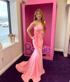 Sexy One Shoulder Mermaid Long Homecoming Dress Pink Prom Dress