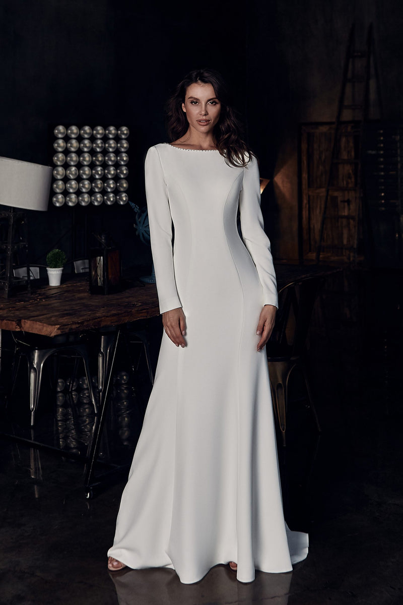 Simple A-Line Long Sleeves Satin Wedding Dress Backless Beading Bridal Agustaprom Simple A-Line Long Sleeves Satin Wedding Dress Backless Beading Bridal Agustaprom