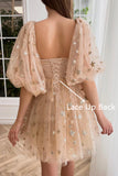 Sweetheart Tulle Mini Homecoming Dress Short Puffy Sleeves Prom Dress