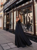 A-Line V-Neck Sleeveless Tank Straps Pleated Satin Evening Dress