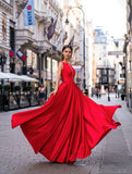 A-Line V-Neck Sleeveless Tank Straps Pleated Satin Evening Dress