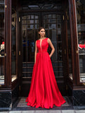A-Line V-Neck Sleeveless Tank Straps Pleated Satin Evening Dress