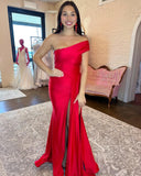 Simple One-Shoulder Mermaid Long Homecoming Dress Sexy High Slit Prom Dress