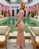 V-Neck Backless Full Sleeves Mermaid Evening Dress Sequined Prom Dress