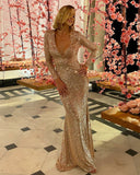 V-Neck Backless Full Sleeves Mermaid Evening Dress Sequined Prom Dress
