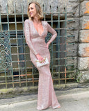 V-Neck Backless Full Sleeves Mermaid Evening Dress Sequined Prom Dress