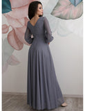 A Line Gray Prom Dress Puffy Sleeves High Split Evening Gowns