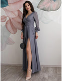 A Line Gray Prom Dress Puffy Sleeves High Split Evening Gowns