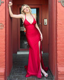 Halter V-Neck Mermaid Long Prom Dress Sexy High Slit Evening Dress