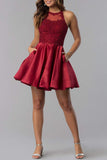 Lace Appliques Spaghetti Straps Short Homecoming Dress Backless Mini Prom Dress
