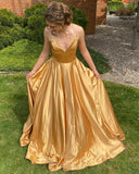 Simple V-Neck Spaghetti Straps A-Line Satin Long Homecoming Dress