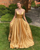 Simple V-Neck Spaghetti Straps A-Line Satin Long Homecoming Dress
