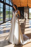 Simple Backless A Line Satin Wedding Dress V Neck Beading Belt Bridal Gowns