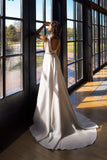 Simple Backless A Line Satin Wedding Dress V Neck Beading Belt Bridal Gowns