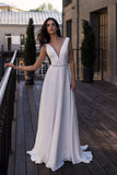 Simple Backless A Line Satin Wedding Dress V Neck Beading Belt Bridal Gowns